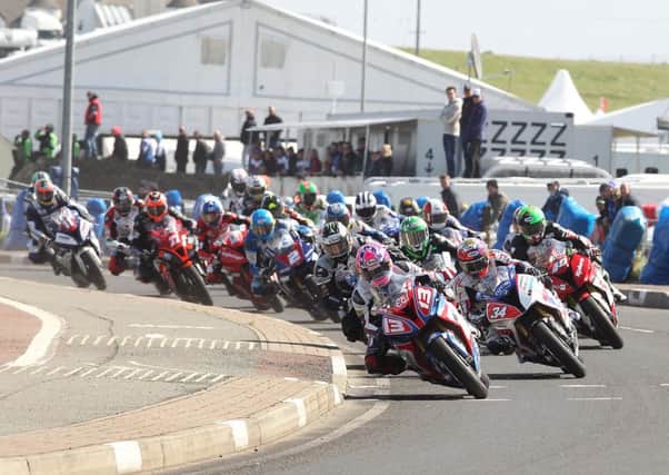 Action from the Superstock race at the Vauxhall International North West 200 in 2015.