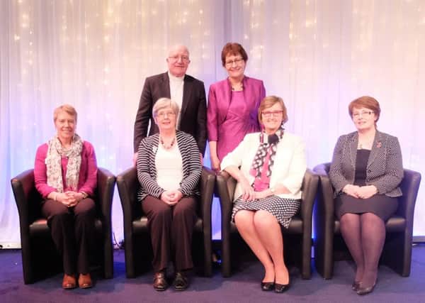 The Presbyterian Moderator, Dr Ian McNie, with Charlotte Stevenson, and seated, from left, Elaine Duncan, Sandra Stokes, Jean Farlow the new PW President, and Anne McNie.