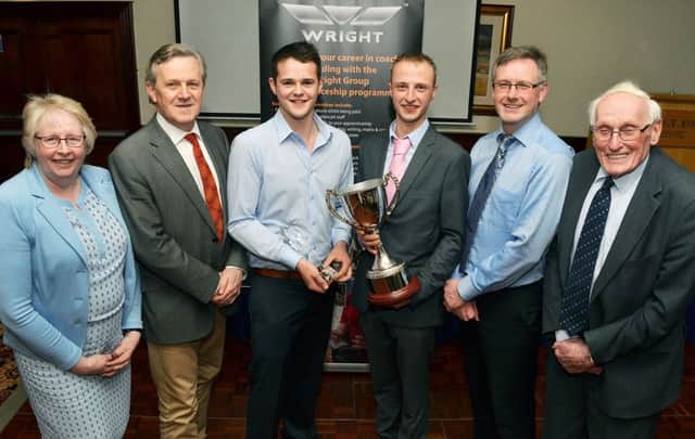 Pictured at the Wright Group Apprentice Graduation: (L-R) Wright Group Welfare and Human Resources Director Mrs. Mandy Knowles, Mr. Kevin Keenan Director at Seven Towers Training, Stuart Coleman (Highest Academic Achiever), Matthew Duff (Most Driven engineering apprentice), Keynote Speaker Mr. David McCaughey and Dr. William Wright CBE. (Submitted Picture).