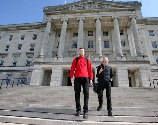 Newly elected People Before Profit MLAs Eamonn McCann (Foyle) and Gerry Carroll (West Belfast) arrive at Stormont on Monday. Picture Pacemaker.