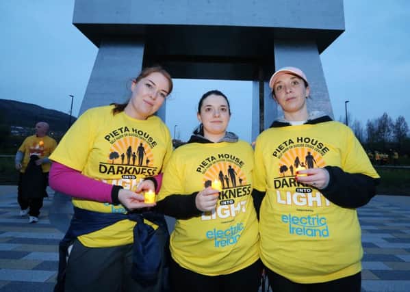 Melissa Bell, Kathleen Magee and Nicola Magee were among those who took part in the Darkness Into Light walk in Newtownabbey. Pic by Kelvin Boyes, Press Eye