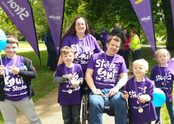 Richard Shields (seated) with his wife Hazel and family at the 2015 Step out for Stroke in Antrim Castle Gardens.
