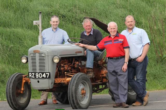 Launching the 2016 Loanends vintage tractor road run are David McClure, left,  NFU Mutual Crumlin, sponsor; and organiser Robert Wallace, second right; with sponsors John and Darren McKinstry from McKinstry Skip Hire. Picture Julie Hazelton