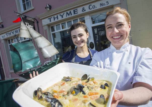 Pictured launching the Ulster Chowder Cook Off is Anna McIlroy and Eimear Mullin from Thyme and Co. Ballycastle.  
INBM21-16S