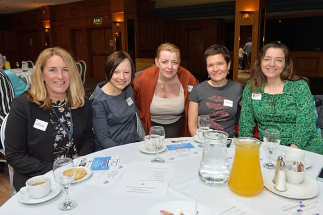 At the 'Generation Game' event in the Loughshore Hotel, Carrick, are Evelyn Jones from MEAAP  (centre) with Gillian Irvine from the Big Lottery Fund, Beata and Maria from Warsaw, Poland and Lyn Johnston from Linking Generations NI. INCT 17-006-PSB