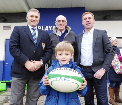 Norman, Ian and Noah McClelland, Tullans Caravan Park, Coleraine with CRFCC President George Neely at a match ball sponsorship presentation at Coleraine Rurby Club. Ian is on the BBC show Can't Touch This on Saturday night.