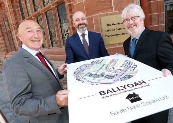 Friday 13th a good day for Derry L-R Seamus Gillan (South Bank Sq), Brian Kelly (Turley), John Quinn (ASI Architect) submit Â£100m plans for new homes, outside the Guildhall.