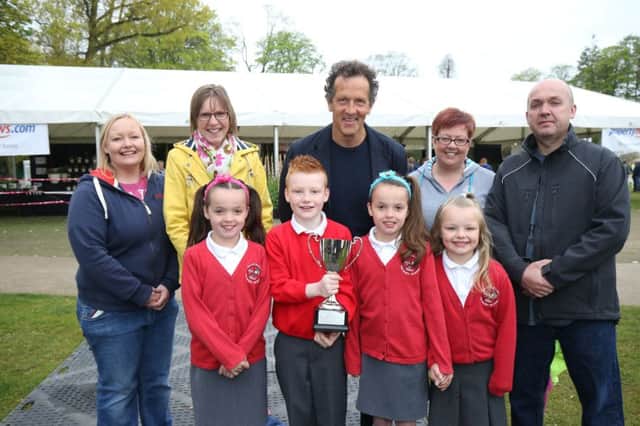 Parents, teachers and friends of Ballycraigy Primary School with Monty Don a the Allianz Garden Show Ireland 2016 held at Antrim Castle Gardens.