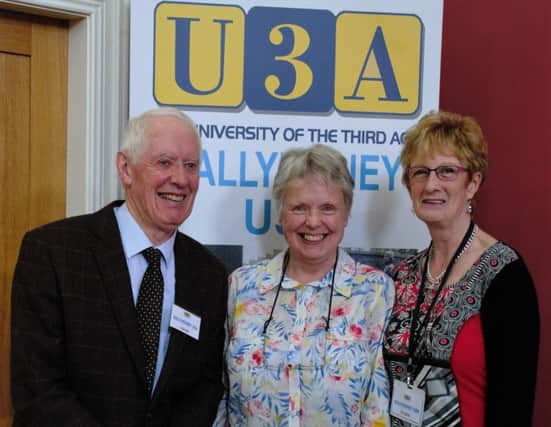 Rev. Frances Bach, speaker, with retiring Chairman, Geoffrey Robinson, and retiring vice chair becoming Chairperson Marie Hegarty. INBM21-16S