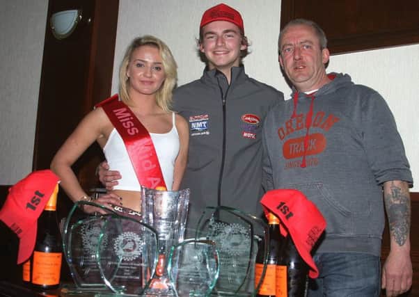 Malachi Mitchell Thomas, with Miss Mid Antrim Yasmine Brown and Clerk of the Course Davy McCartney at the prizegiving for the recent meeting.