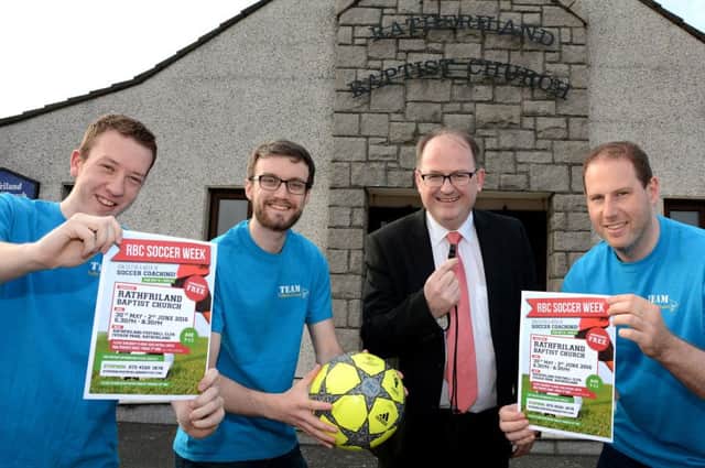 Soccer Mania....Launching the Rathfriland Baptist Church Soccer Coaching Week,to be held at Iveagh Park, Rathfriland from Monday 30th May until Thursday 2nd June 2016, were from left, Andrew Henry and Matthew Adams, Leaders, Pastor Ian Wilson, Rathfriland Baptist Church and Stephen Aiken, event Co-ordinator.  Â© Photo: Gary Gardiner.  IN BL WK 2016-501.