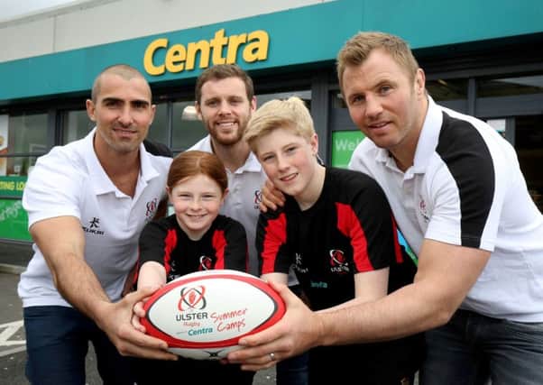 Nathan and Abi Toland, from Carrickfergus, help launch the 2016 Centra Ulster Rugby Summer Camps with stars Ruan Pienaar, Darren Cave and Roger Wilson. INLT 20-928-CON