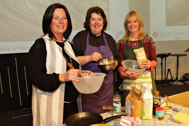 Jayne Taggart CEO Causeway Enterprise Agency, Celebrity Chef Paula McIntyre with Louise McLean of Atlantic Craft NI at the Feast of Heritage programme organised by the Causeway Enterprise Agency and held at the Vineyard Conference Centre