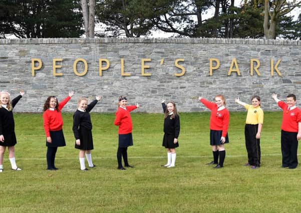 Pupils from presentation and Hart Memorial Primary Schools pictured in the new People's Park which opens on Friday. Included from left are, Ruby Diffin, Sabrina Baptista, Maia Vennard, Kamile Zadeikety, Charlotte Quinn, Tara Finnegan, Lola Morton and John Paul McAlinden. INPT41-208.