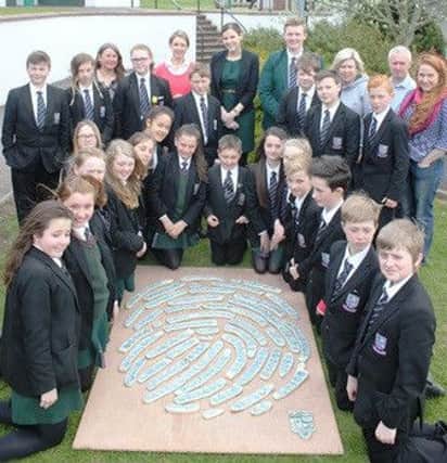 New-Bridge Integrated College pupils with Gareth's sculpture.