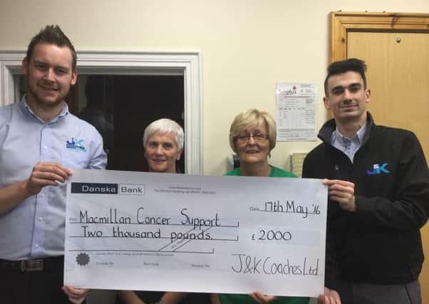 Bobby Bell and Joseph Morgan from J&K Coaches Ltd presented Maureen Hutchinson and Iris McKeown with a cheque for Â£2000, the proceeds from their participation in the Belfast marathon. Not included in the photo are Sharon Scott, Nicky Rankin and Mary Devlin who made up the rest of the relay team. Macmillan Cancer Support would like to thank all those who supported the team and helped to raise this incredible amount of money .