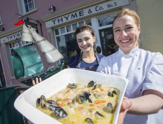 Ten top amateur chefs will battle to be crowned Champion of the inaugural 'Ulster Chowder Cook Off' at this years Rathlin Sound Maritime Festival.  Pictured launching the 'Ulster Chowder Cook Off' is Anna McIlroy and Eimear Mullin from Thyme and Co. Ballycastle.