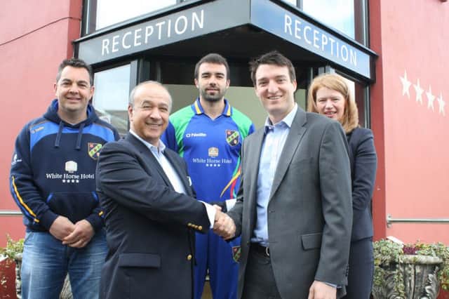 White Horse Best Western's Issam Horshi confirms sponsorship of North West Warriors with NWCU Treasurer, Peter McCartney. Also included is Warriors' Head Coach, Ian McGregor, Ireland International, Stuart Thompson and Ramona Wylie.