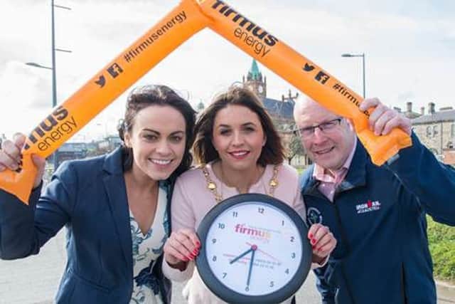 Pictured encouraging relay competitors to sign up to take part in this years firmus energy City of Derry triathlon, taking place on 19 June, are (l-r) Angeline Murphy, marketing manager for firmus energy, Mayor of Derry City and Strabane District Council, Councillor Elisha McCallion, and race director, Adrian Kelly.