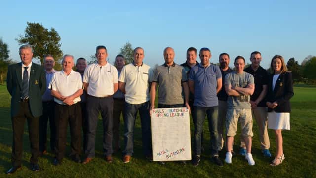 Pauls Butchers Spring League Presentation front left to right: Mr Emmet McNally Captain; Stephen Radcliffe, Niall Cassidy Second; David Wilson, Rob Ewing, Declan Ryan Winners; Gary Kennedy Joint third; Monica Smith Lady Captain. Back left to right: George Fitzpatrick, Jackie Thomas and Kevin Crumley Joint third; Harry Lafferty, John Duffy and John Lafferty Joint third.