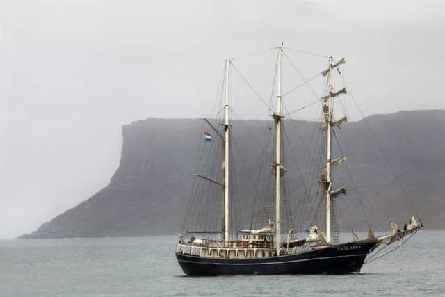 The Tall Ship Thalassa from the Netherlands is pictured passing Rathlin Island and preparing to dock in Ballycastle Harbour after making her journey from the Scottish Islands. .PICTURE KEVIN MCAULEY/MCAULEY MULTIMEDIA