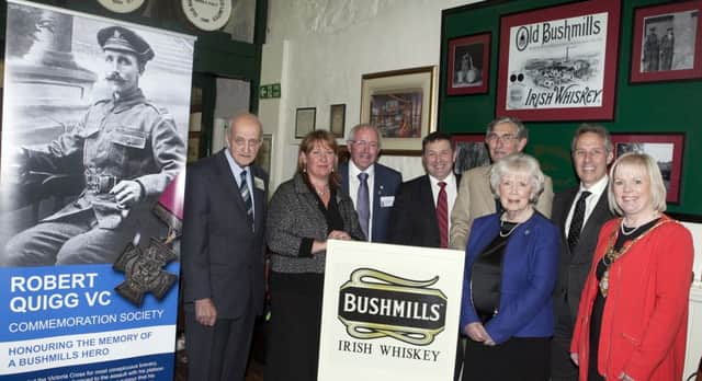 LAUNCH. Pictured at the book launch on Friday night at Bushmills Distillery are from left, Historian Robert Thompson, Lynne Bryce, (Brand Manager), Author Leonard Quigg, MLA Robin Swann, Lord Brogan, HM Lord Lieutenant Joan Christe, MP Ian Paisley and Mayor Michelle Knight-McQuilan.INBM21-15 001SC.