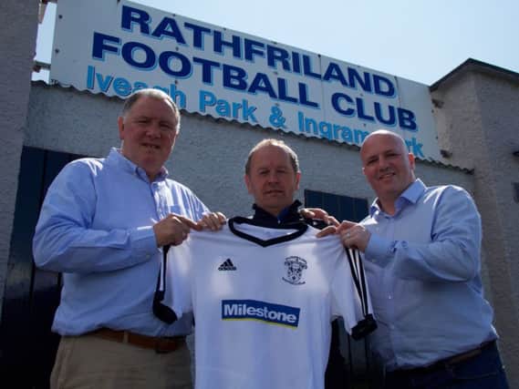 New Rathfriland Rangers manager Paul Kirk (left) and coach Stevie Houston (right) are welcomed to Iveagh Park by club chairman Howard Murray. Photo: Iain McDowell / Rathfriland FC