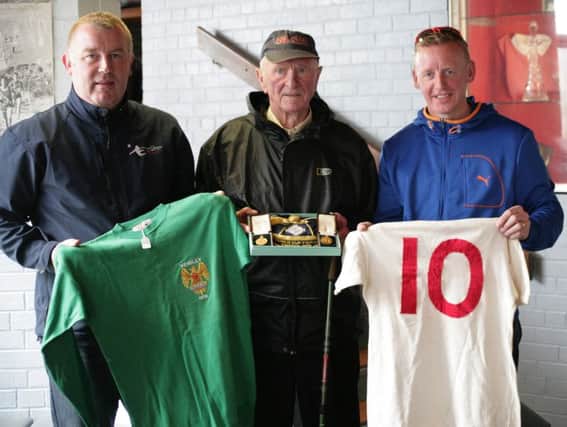 Harry Gregg pictured with Andy Alcorn and Colin Hutchinson.