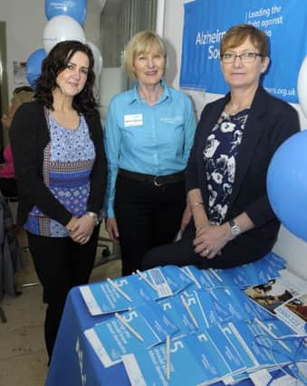 Health Improvement Officer Frances Haughey, Alzheimers Society Development Worker Heather Von Loggerenberg and Good Relations Officer Wendy Shaw pictured in Dromore Town Hall at the Dementia Awareness Coffee Morning Â©Edward Byrne Photography INBL1621-208EB