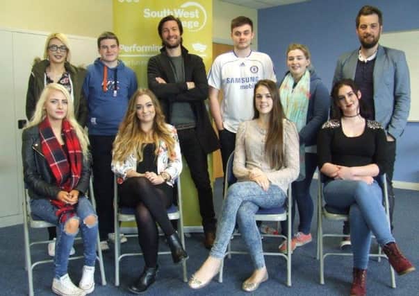 Theatre & Arts students at South West College with their teacher and actor Brian McMahon and his brother, The Secret actor, Liam McMahon