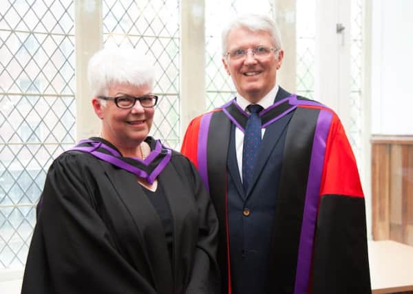 Professor Stafford Carson, Principal of Union Theological College, with Rev Liz Hughes on the occasion of her being honoured with the degree of Doctor of Divinity. INNT 22-800CON