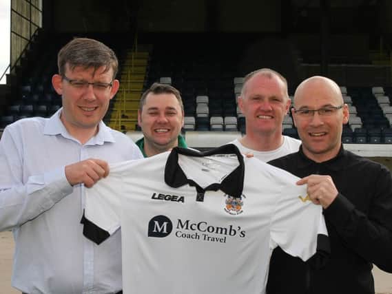Lisburn Distillery Football Cliub announced their new management team of Colin McIlwaine (left) and George O'Boyle (right). Also joining the club are Paul Mateer (centre right) as Goalkeeping Coach, and Steven Parry as First Team Assistant. Picture - David Hunter.