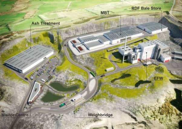 A computer-generated image of the proposed energy from waste plant development at Hightown Quarry, Mallusk.