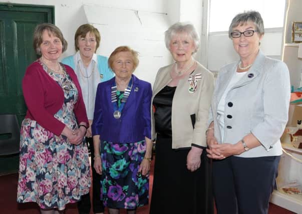 Joan Christie OBE, Lord -Lieutenant of County Antrim attending the 25th Anniversary Celebrations of Glenarm Branch Wi. with, Elizabeth Warden, Federation Chairman, Heather Adamson, Excutive Member for the Inverary Area, Margaret McCullough, President Glenarm WI and Jean Mann, Past Federation Chairman.  INLT 21-213-AM