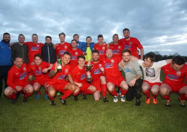 Hanover celebrate victory on a penalty shoot-out in the reserves' O'Hara Cup final against Silverwood United. Pic courtesy of Hanover FC.