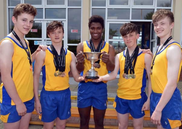 Ulster champions from Clounagh Junior High School show off the cup won for Best Performing Team across the year 10 field. From left are Ethan Pollock, Ethan Williamson, Alberto Balde, Matthew Willis and Darryl McCarten.INPT21-214