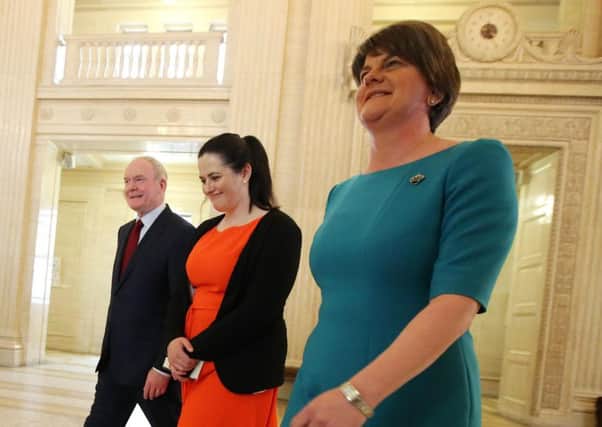Press Eye - Belfast - Northern Ireland - 25th May 2016 - 

First Minister Arlene Foster and deputy First Minister Martin McGuinness with new Justice Minister Claire Sugden at Parliament Buildings, Stormont.

Photo by Kelvin Boyes / Press Eye.