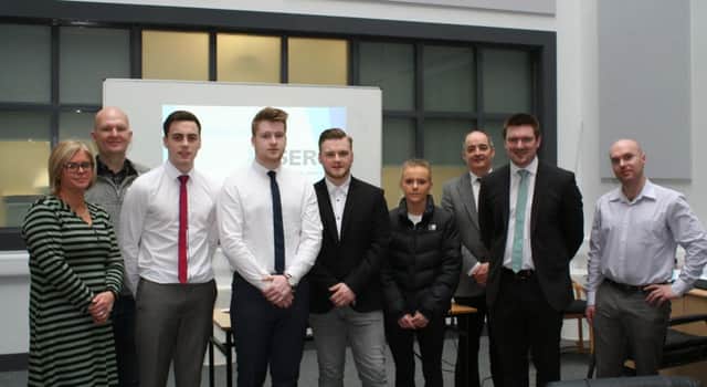 SERC uniformed public services students Jordan Turner, Cameron Wilson, Gareth Geddis and Emma Lynn who are working on an advertising campaign to help tackle anti-social behaviour in Lisburn for the PSNI. The students are pictured with Angela McCann, PCSP Manager at Lisburn and Castlereagh City Council, Michael Green, PSNI Crime Prevention Officer, SERC Lisburn Campus Manager Richard Armstrong, Councillor Scott Carson and lecturer Irwin Pryce.