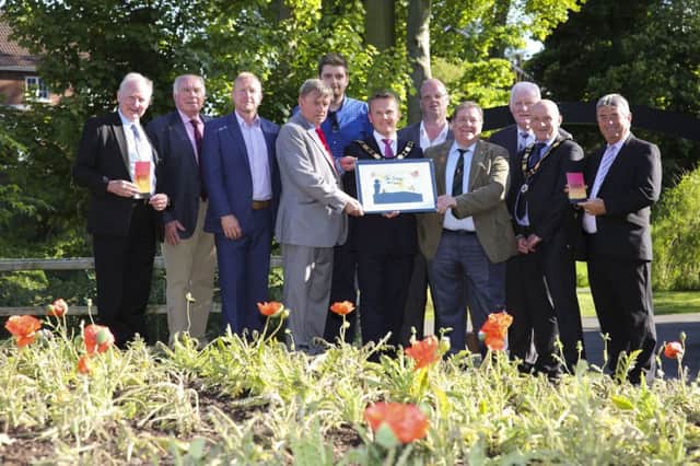 Antrim and Newtownabbey Borough Council have launched their events programme to commemorate the Centenary of the Battle of the Somme taking place between July and November.  
Mayor, Cllr Thomas Hogg is joined by Ald Frazer Agnew MBE, Chair of Somme Working Group, Billy Snoddy, Vice Chair of Somme Working Group, Deputy Mayor, John Blair and Elected Members (l-r) Cllr Michael Maguire, Cllr Mervyn Rea MBE, Cllr Stephen Ross, Cllr Philip Brett, CentenaryCllr Jim Montgomery, Cllr Brian Duffin, Cllr Billy Webb MBE JP.