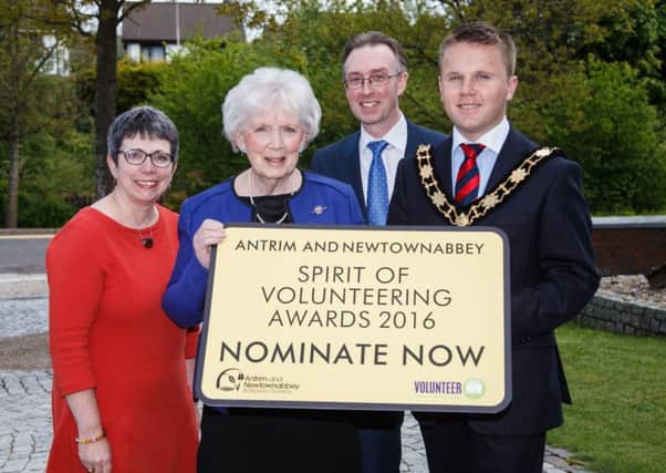 Lord Lieutenant of County Antrim, Joan Christie OBE, is joined by Mayor of Antrim and Newtownabbey, Councillor Thomas Hogg; Wendy Osborne OBE, Volunteer Now and Paul Dinsmore, Volunteer Now.