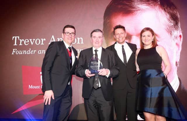 Trevor Annon, Founder and Chairman of Mount Charles after winning Outstanding Contribution at the Institute of Hospitality's Janus Awards.

Pictured: Michael Cafolla, Institute of Hospitality and Trevor Annon, Chairman of Mount Charles with event hosts and Q Radio breakfast presenters Stephen Clements and Cate Conway.