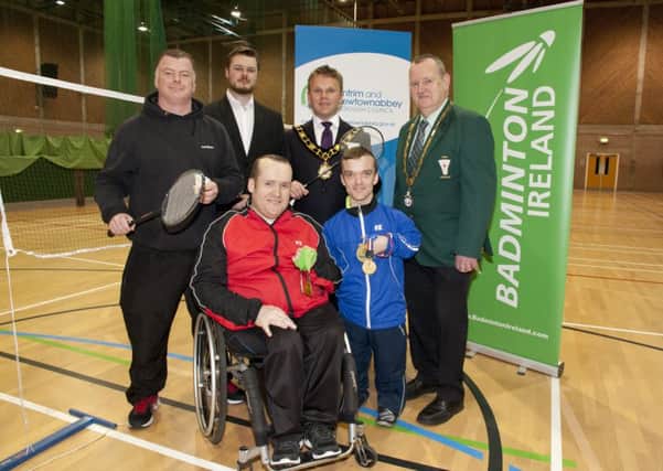 Mayor of Antrim and Newtownabbey, Councillor Thomas Hogg welcomes competitors Chris Stewart and Niall McVeigh to Antrim Forum ahead of the Irish Para Badminton Championships. They are joined by Craig Farrell and David McGill of Badminton Ireland and William Martin, President of Ulster Badminton.