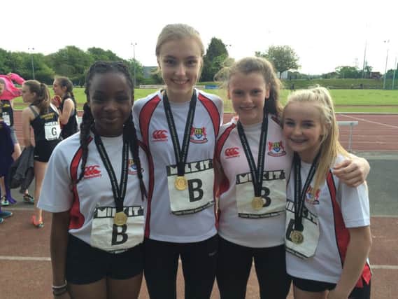 Banbridge Academy's Ulster Champions, the Minor Girls relay team of Suzy Neill, Molly Mathers, Lynsey Orr and Kelly Gley.