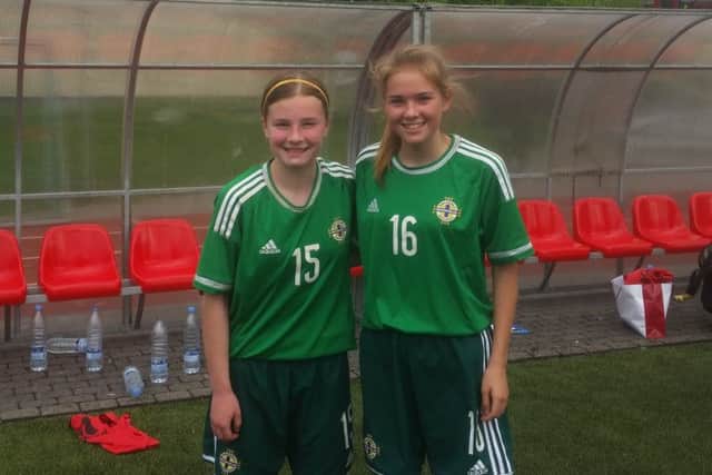 Parkhall College pupils Emily Wilson and Zoe Kilpatrick, who were part of the Northern Ireland under-16 squad who played in Latvia.