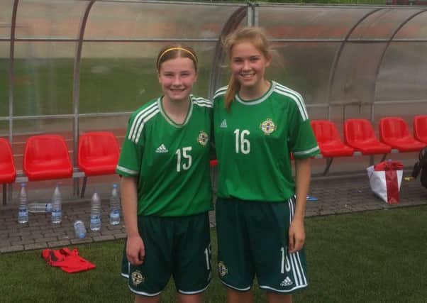 Parkhall College pupils Emily Wilson and Zoe Kilpatrick, who were part of the Northern Ireland under-16 squad who played in Latvia.