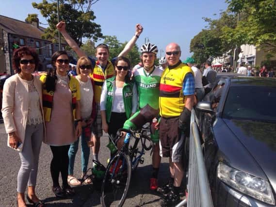 It was a family affair as Mark finished 13th in the Ras. From left: Marks mum Margaret, sister Catherine, brother Sean and his fiancee Jordan, sister Pauline, Mark and dad Seamus.