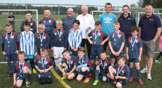 Coleraine Alexandra team that participated in the Ballymoney Friendship League where presented with their medals today by Harry Gregg, Liam Beckett and Oran Kearney.