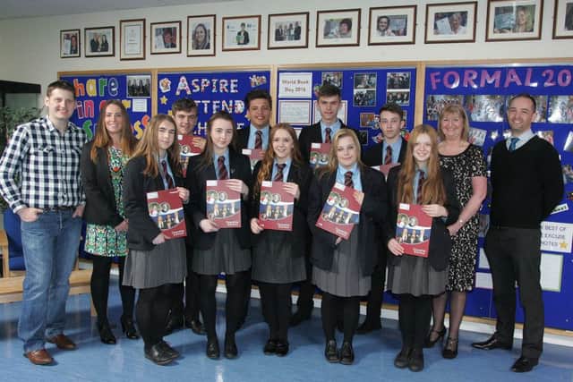 A Progress Files presentation ceremony was held for the year 12 pupils of Downshire School. Special guest was Stuart Robinson,  presenter and programme manager for Cool FM and a past pupil of the school, included are principal Jacqueline Stewart and year heads Mrs Harrison and Mr Middleton. INCT 22-709-CON