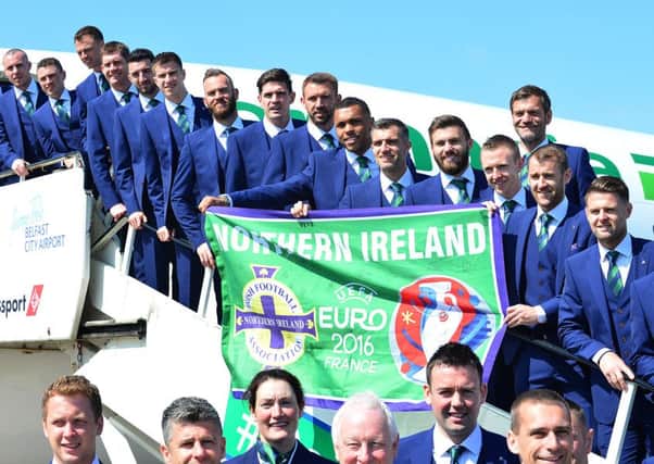 Portadown-born Luke McCullough (left) as part of the Northern Ireland party on the plane to Austria for EURO 2016 preparations. Pic by Pacemaker.