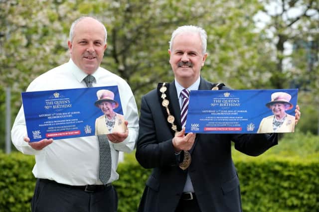 Alderman James Tinsley, Chairman of the Council's Corporate Services Committee and the Mayor, Councillor Thomas Beckett at the ticket launch for the Queen's 90th Birthday 21-Gun Royal Salute event taking place on Saturday 11th June at Hillsborough Fort. Free tickets are available at Lagan Valley Island and Bradford Court.